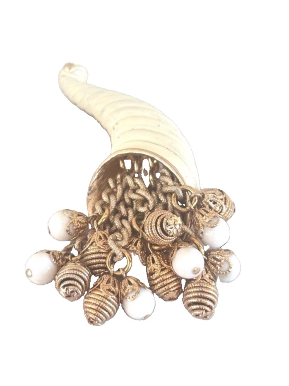 Vintage Signed Avon Cream Enamel Gold Tone Articulated CORNUCOPIA Brooch